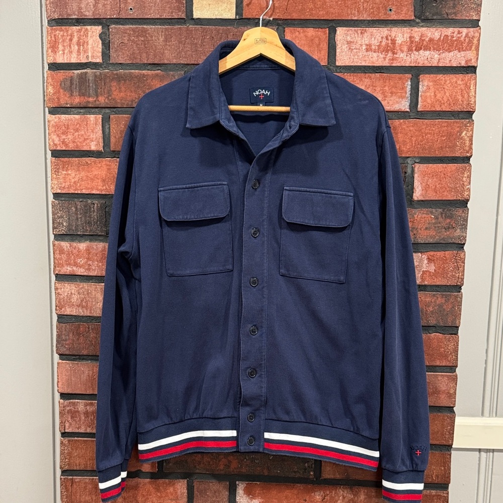 Noah NYC Navy Bomber Jacket with Red and White Accents